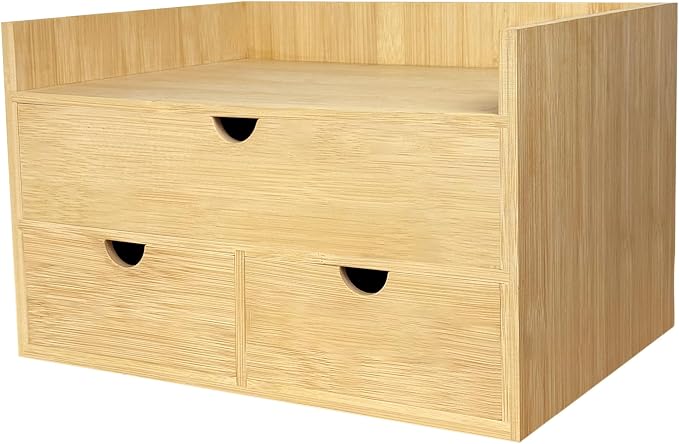 Bamboo Desk Organizer with 3 Drawers, Wood Storage Box for Office Supplies | Solid Tabletop Drawer Chest with Open Display Top, 13.4 x 7.3 x 8.1 in, No Assembly - Fits Countertop, Vanity and Dorm by Elevateyourmomentwithus