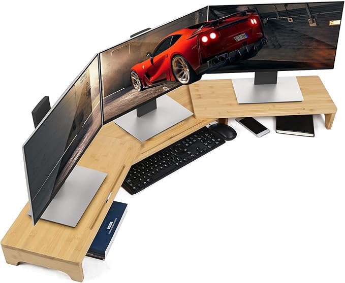 Nnewvante Monitor Stand Riser 60 inch Bamboo Dual Monitor Stand for Desk | Adjustable Length Angle, 3 Shelves Desktop Screen Riser, For Computer Laptop PC by Nnewvante