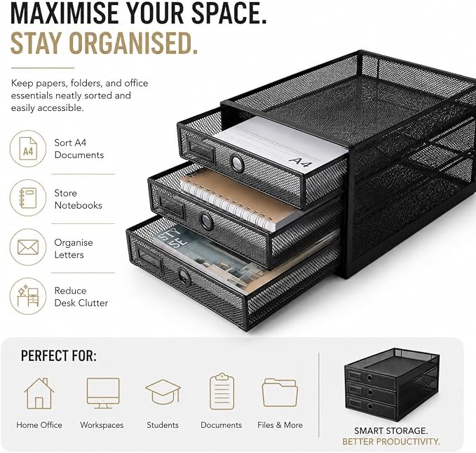 EXERZ Paper Sorter 3 Tier Drawers A4 / Multifunctional Desk Organiser/Letter Tray - Documents, Magazines, Notebooks and Letters | Pull Out Metal Mesh Drawers For A4 Documents Magazines Notebooks And Letters Space Saving Storage For Office Home Study - Image 4