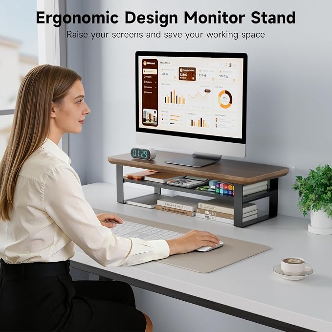 Monitor Stand Riser, 24 Inch Computer Monitor Stand for Desk, 2-Tier Wood Desk Shelf Organizer with Storage, Desktop Stand for Laptop/Screen/PC/Printer, Ergonomic Home Office Monitor Stand - Image 6