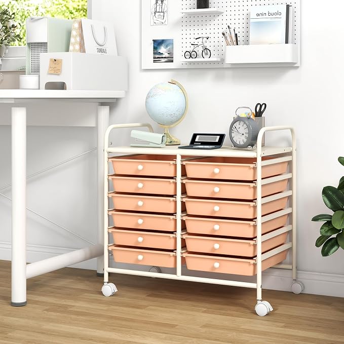 GOFLAME 12-Drawer Rolling Storage Cart, Multifunctional Art Craft Organizer Cart, Mobile Utility Storage Cart with Removable Drawers & Lockable Wheels, Craft Cart for Home Office School, Peach Fuzz - Image 4