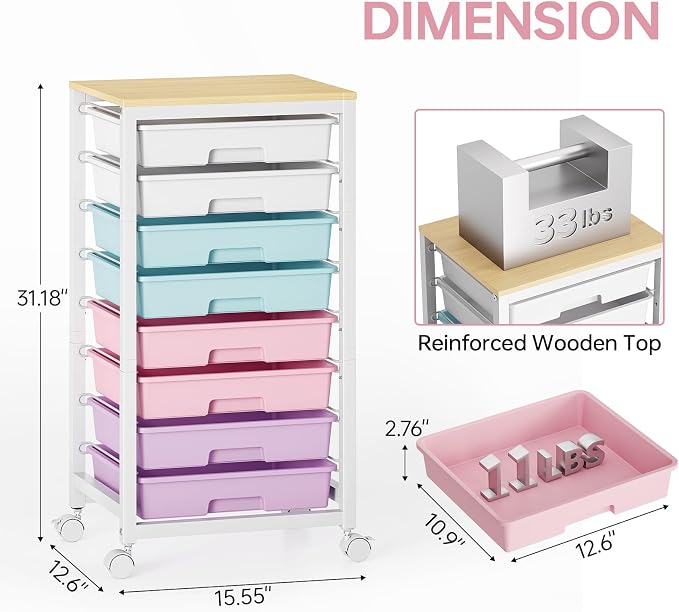 SYKIARIOL Rolling Storage Cart with Drawers, 8 Drawers Cart, Ice Cream | Utility Cart With Drawers,Rolling Storage Cart for Living Room,Classroom,Bedroom,Bathroom,Dorm,Office, Ice Cream - Image 3