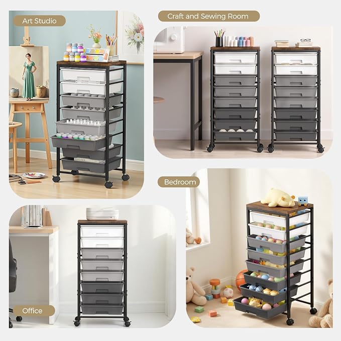 Rolling Cart with 8 Drawers, Plastic Drawer Storage Carts with Wheels & Wooden Tabletop, Metal Utility Cart Organizer for Bedroom Living Room Office Classroom Craft Organization and Storage, Grey - Image 6