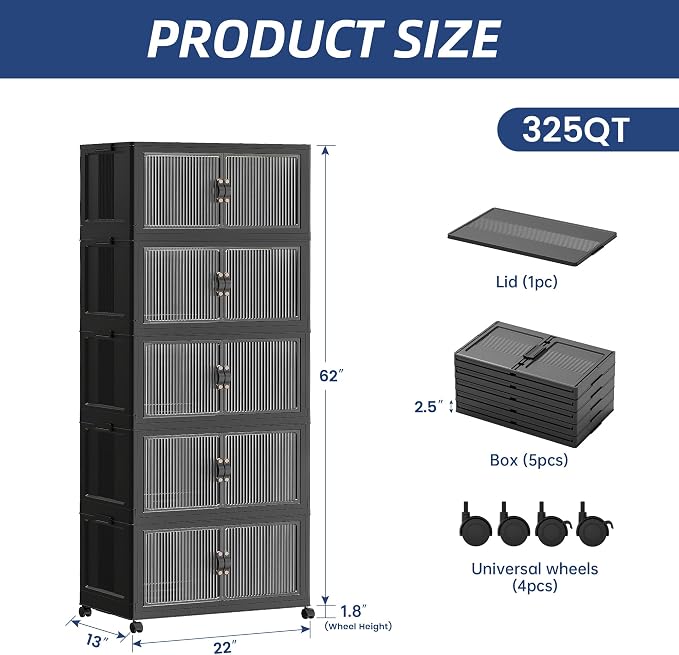 SAILUN 325Qt Stackable Storage Bins,Storage Cabinet with a Lid,5 Pack Black | Stackable Storage Drawers with Lids,22" W x 13" D x 62" H,Featuring open-front Access for Clothes and Closet Storage - Image 5