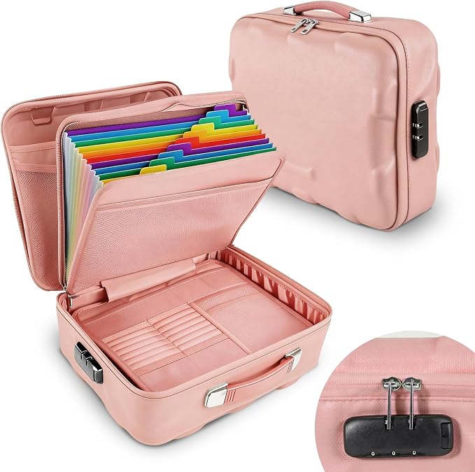 Fireproof Document Box, Hard Case Fireproof File Organizer Box with Lock and 13 Pocket Accordion File Folder, Portable Safe Box for Office Storage Important Documents (Pink) by Aobteeny