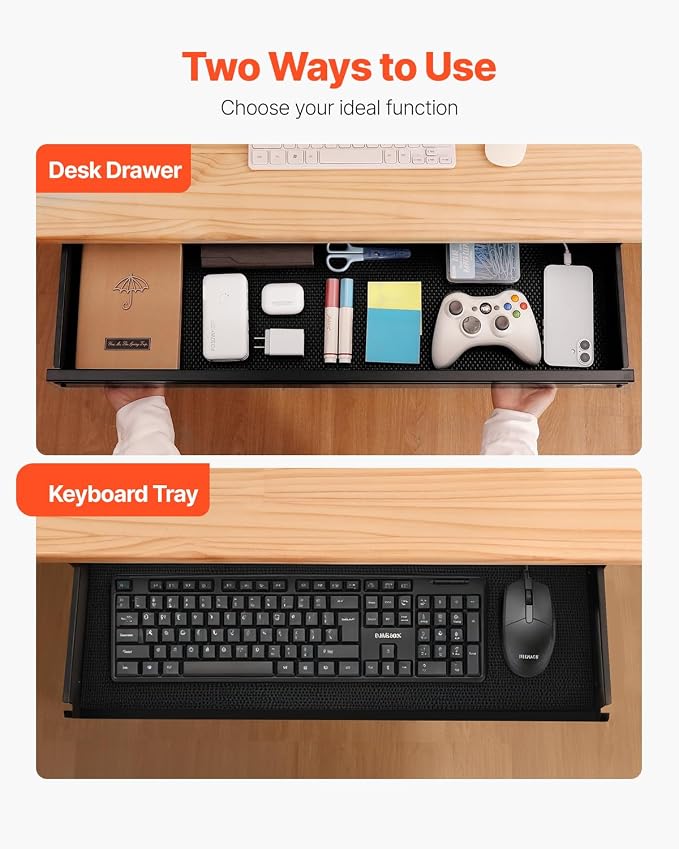 VEVOR Under Desk Drawer Slide Out, 33inch Under Desk Mounted Pull-out Drawer Attachment, Hidden Under Counter Drawers for office Home Sit Stand Workstation, Black - Image 3