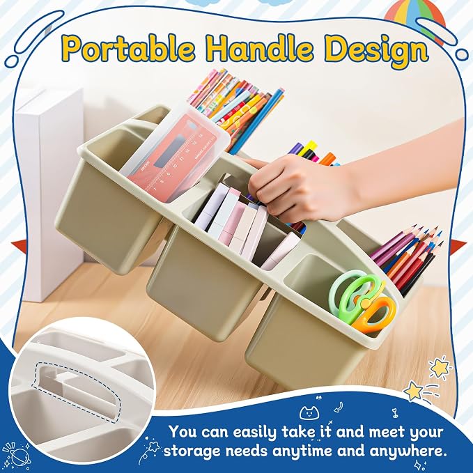 Lineshading 6 Pcs Classroom Caddy Storage - 6 Compartments Plastic Pencil Holders Table Caddy with Handles for Kids Arts, Crafts, Crayon, Marker, Pencil - School Office Organizers Supplies - Image 3