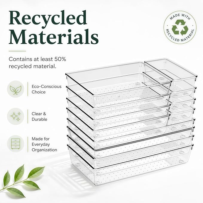 12 Pack Large Drawer Organizer Bins - Clear Plastic Bathroom Drawer Organizer Trays - Heavy Duty Kitchen Drawer Dividers for Utensils - Non-Slip Storage Bins for Makeup, Bedroom, Office Desk - Image 3