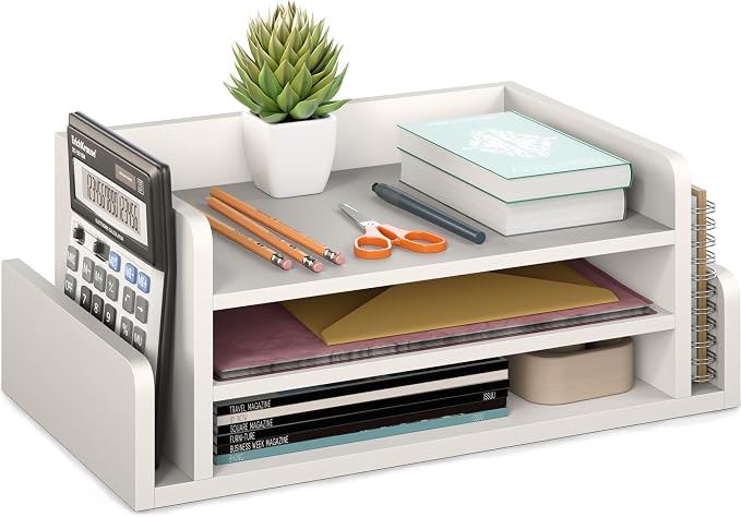 Ballucci 3-Tier Desk Organizer with 2 Side Mail Sorter Slots, Wood Letter Tray, Open Top Paper Organizer, Desktop File Organizer, White by Ballucci