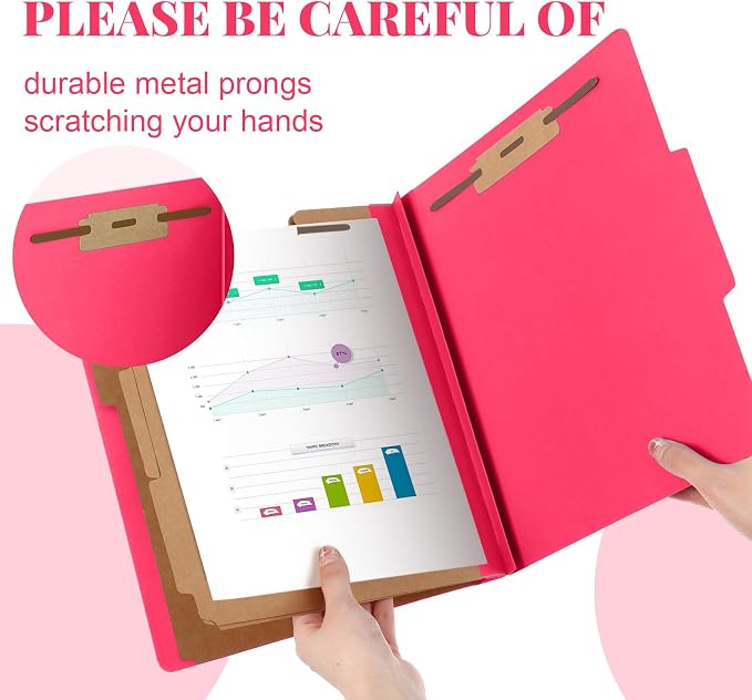 AmazingSpark 24 Pcs Classification Folder Letter Size Bulk 3 Divider Pressboard File Folder with Expansion 2 Prong Fastener Heavy Duty Office File Organizer for School Medical Document(Hot Pink) - Image 4