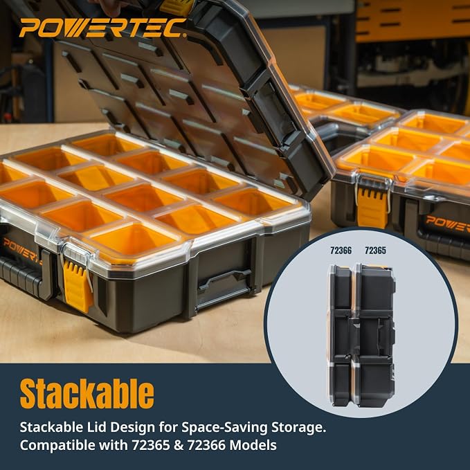 POWERTEC Small Parts Organizer & Tool Box – 10 Compartments, IP65 Water & Dust Protection, Stackable Storage with Interlocking Latch, Removable Tray, Clear Lid, Portable Design, 2-Pack (72365-P2) - Image 4