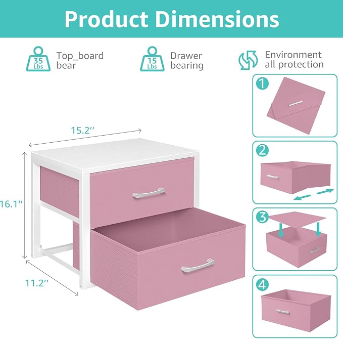 BOLUO Stackable Closet Drawers for Clothes Organizers and Storage Fabric Pink 2 Drawer Dresser for Bedroom 2 Packs Modern Small - Image 3