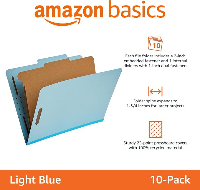 Amazon Basics Classification Folder for Documents and Organization, 1 Divider, 2" Embedded Fasteners, Letter Size, Light Blue, 10 Count (Pack of 2) - Image 2