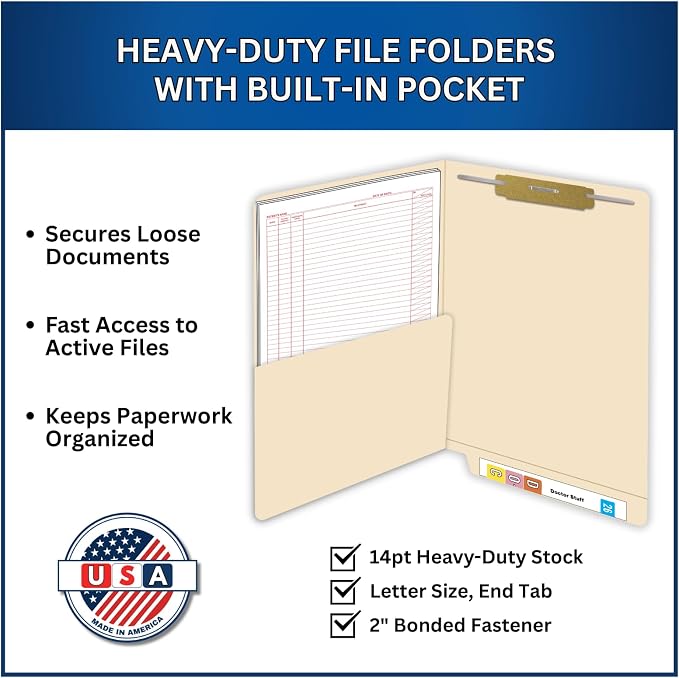 Manila Pocket File Folders, Doctor Stuff, Letter Size Reinforced End Tab Folder with 1/2 Pocket on Inside Left and 2" Bonded Fastener on Inside Top Right, 14 pt Manila Stock, Box of 50 - Image 4