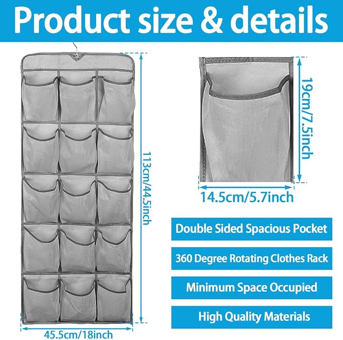 3Pcs 30 Large Pockets Dual Sided Hanging Shoe Organizer Double-Side Closet Storage Shelves with Rotating Hanger Space Saving Storage Bag Portable Shoe Rack Holder for Bedroom Laundry Room,Gray - Image 4