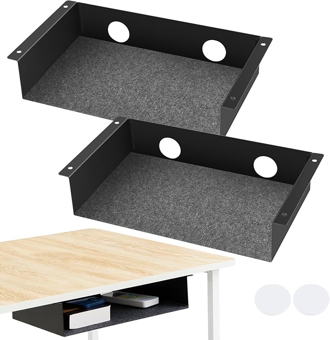 Yaocom 2 Pack Under Desk Hanging Shelf, Carbon Steel Storage Tray with Mute Felt Sheets, Mount Shelves Organizer for Office Home Workstation Gaming Desk Stand up(13x8x2.8 in/Storage Shelf,Black) by Yaocom