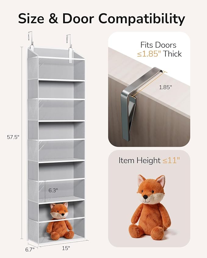 ULG Stuffed Animal Organizer Over the Door, Large Hanging Plush Toy Storage with Mesh Window, Cotton Kids Toy Organizer for Bedroom, Nursery, Playroom & Baby Items Clear Grey - Image 6