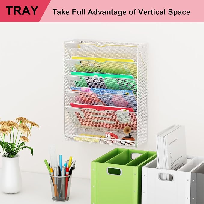 Hanging Wall File Organizer 6 Tier Wall Mounted File Holder Document Wall Organizer Magazine Organization for Office Home, Silver - Image 7