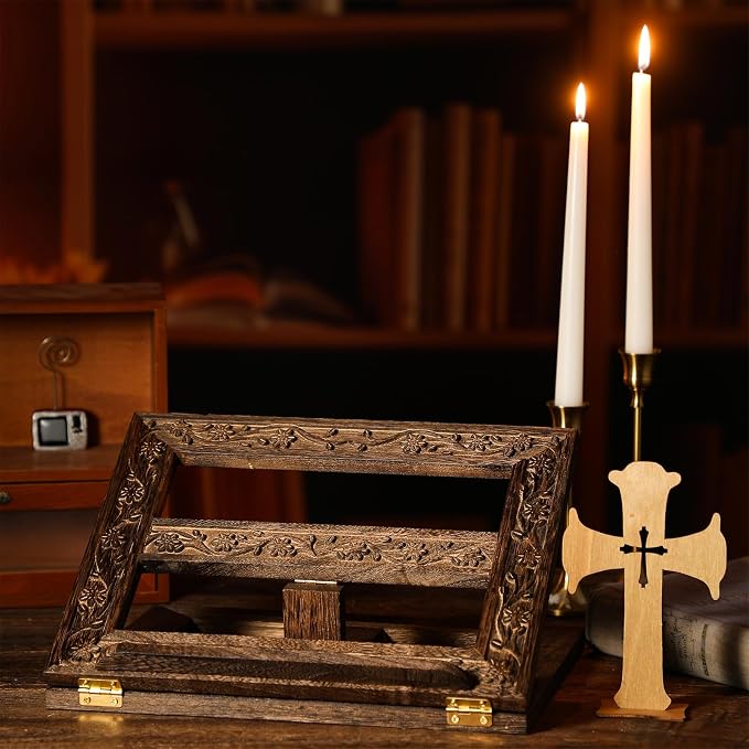 DoubleFill Adjustable Wooden Bible Stand Carved Bible Holder Missal Stand Book Display for Reading Folding Religious Prayer Wooden Holy Book Holder 12.99 x 10.04 Inches(Dark Brown) - Image 5
