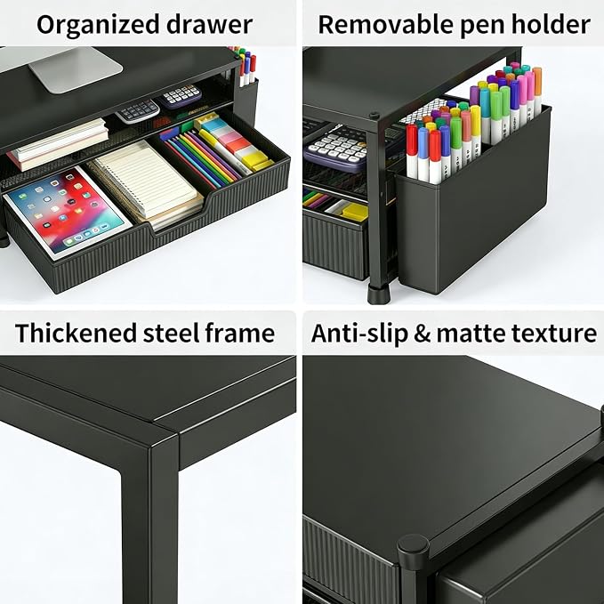 ECOLOVI Desk Organizer and Accessories, 2-Tier Computer Monitor Stand Rise with Storage Drawer & 2 Pen Holders, Laptop & Printer Stand for Desktop, Workspace Organizers for Office Supplies (Black 2-Pack)) - Image 8