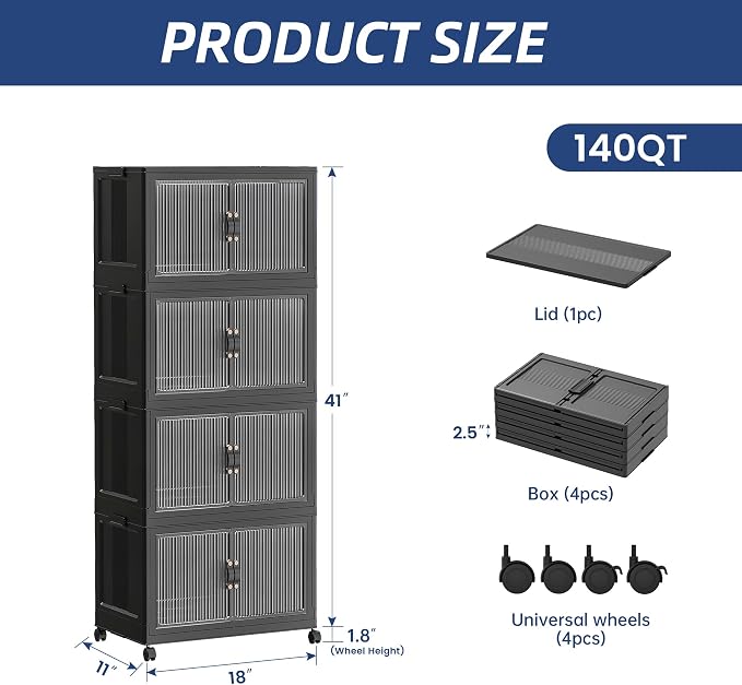 SAILUN 140Qt Stackable Storage Bins,Storage Cabinet with a Lid,4 Pack Black | Stackable Storage Drawers with Lids,18" W x 11" D x 41" H,Featuring open-front Access for Clothes and Closet Storage - Image 5