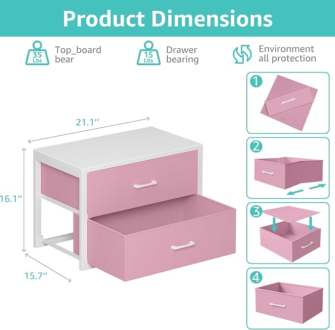 BOLUO Stackable Storage Drawers Closet Organizers and Storage Fabric White 2 Drawer Dresser for Bedroom Modern Pink - Image 3