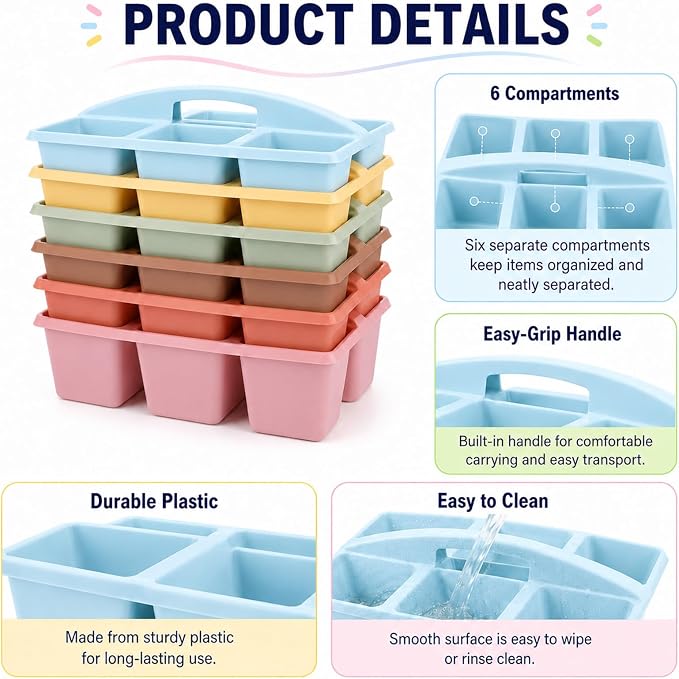 6 Pack Assorted Colors 6 Compartment Classroom Caddy with Handle Portable Plastic Storage Classroom Caddies Organizer for Classrooms Supply Teacher Office Table Desk(Groovy) - Image 3