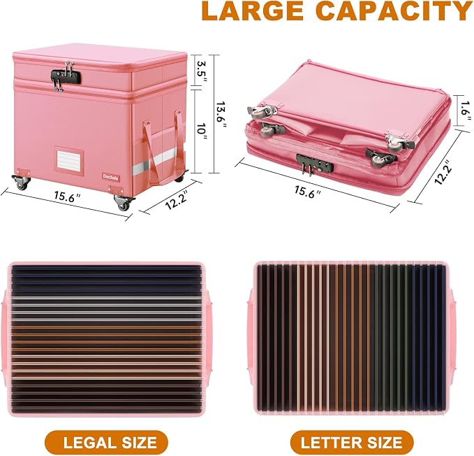 DocSafe File Box with Lock,2-Layer Fireproof Document Box with Wheels,Collapsible Rolling File Storage Organizer with Pockets,Large Portable Home Office Filing Cabinet Safe for Hanging Folders,Pink - Image 6
