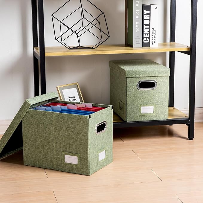 File Organizer Box - Set of 1 Collapsible Decorative Linen Filing Storage Hanging File Folders with Lids Office Cabinet Letter Size Green (14x9.3x10.8 inch) - Image 3