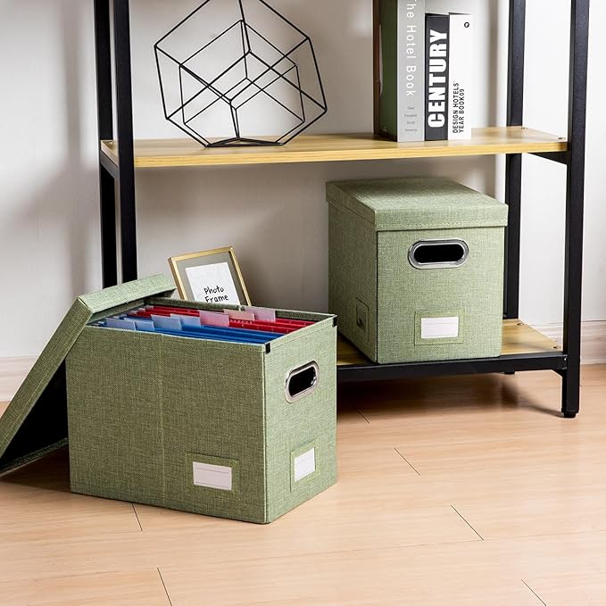 File Organizer Box - Set of 2 Collapsible Decorative Linen Filing Storage Hanging File Folders with Lids Office Cabinet Letter Size Green (14x9.3x10.8 inch) - Image 3