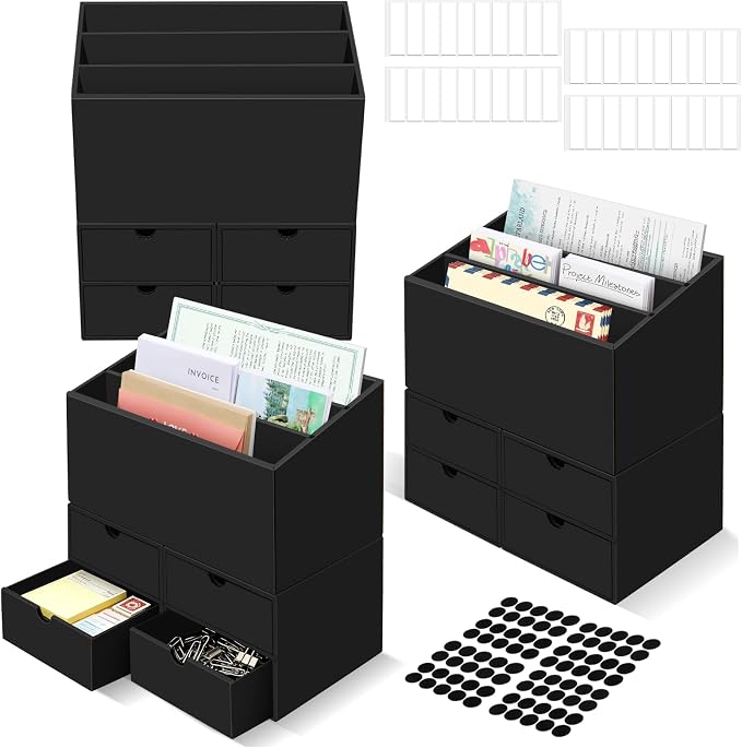 3 Sets Desktop Mail Organizer with Drawers, 3-Compartment Stepped Mail Sorter and 2-Drawer Storage Box for Bills, Letters, Envelopes, Papers, Home Office, Reception, Entryway and Mailroom by QLOUNI