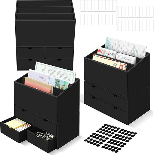 3 Sets Desktop Mail Organizer with Drawers, 3-Compartment Stepped Mail Sorter and 2-Drawer Storage Box for Bills, Letters, Envelopes, Papers, Home Office, Reception, Entryway and Mailroom by QLOUNI