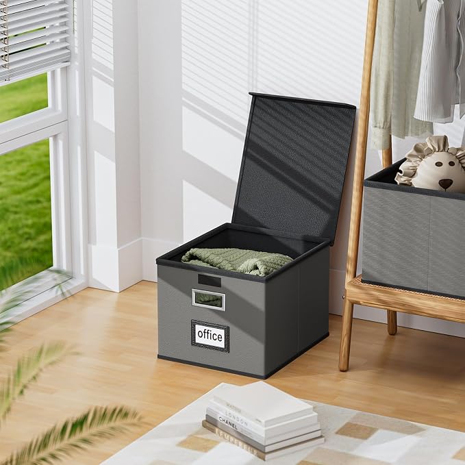 File Organizer Box with Lids, Collapsible File Folder Organizer | File Box with Plastic Slides for Document, Filing Bin for Letter Size Hanging File Folders (2 Pack, Dark Gray, Leather) - Image 5