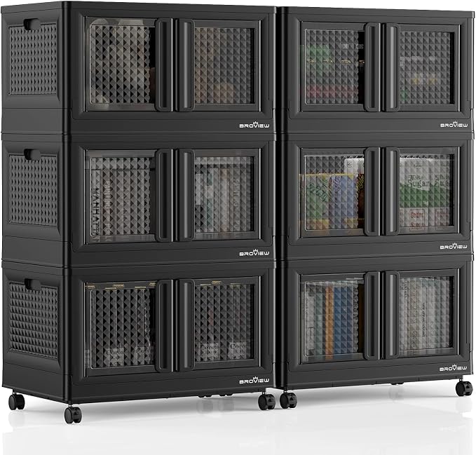 BROVIEW 600Qt Stackable Storage Bins with Lids, 150Gal Closet Organizers and Storage Drawer, Plastic Collapsible Storage Bins with Doors, Heavy Duty Store Box Cabinet for Home Kitchen, 6Pack Black by BROVIEW-EnjoytheArtofLife
