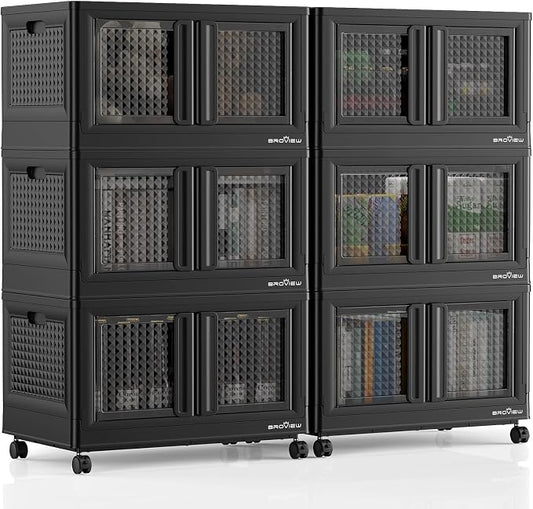 BROVIEW 600Qt Stackable Storage Bins with Lids, 150Gal Closet Organizers and Storage Drawer, Plastic Collapsible Storage Bins with Doors, Heavy Duty Store Box Cabinet for Home Kitchen, 6Pack Black by BROVIEW-EnjoytheArtofLife
