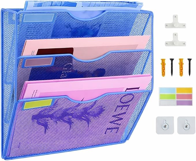3 Pockets Mesh Wall File Holder Organizer Office Hanging File Folder Magazine Rack, Nametag Label Hooks Set Included (Blue) by ideallife