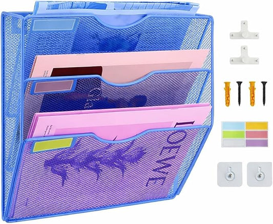 3 Pockets Mesh Wall File Holder Organizer Office Hanging File Folder Magazine Rack, Nametag Label Hooks Set Included (Blue) by ideallife