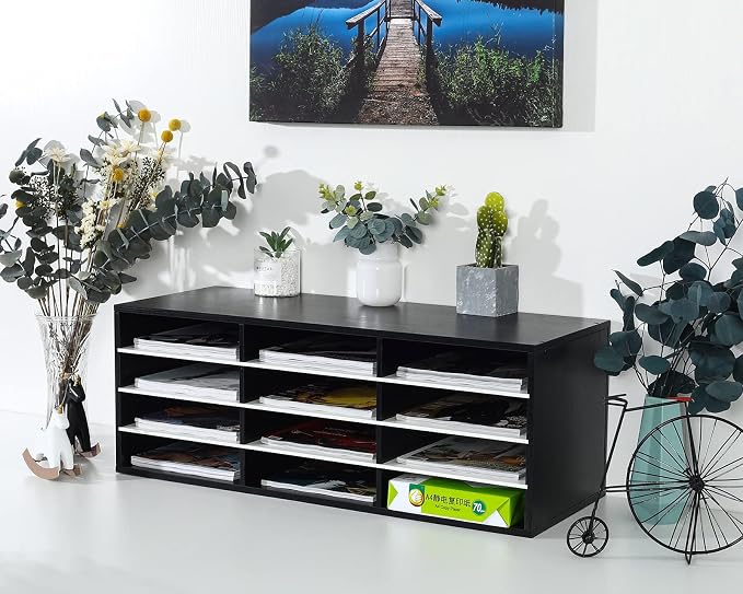 Mail Sorter, Wood Countertop Literature Organizer, Student Mailbox for Classroom, Desktop Bill Paper Organizer for Office Home School, 12 Compartments, Black & White - Image 4