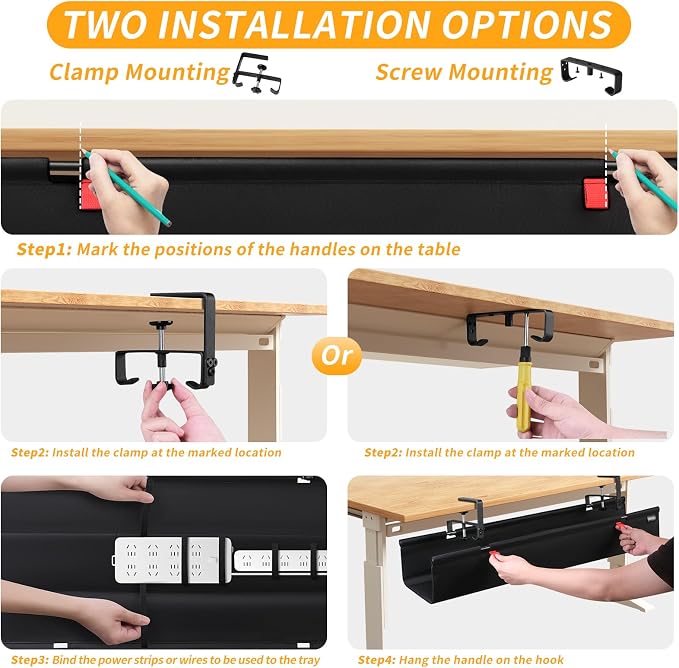 Under Desk Cable Management Tray No Drill,48Inch Cable Management,Black | Clamp and Screw Mount Cable Management Tray, Extra Large Capacity Desk Cable Management, Fabric Wire Management for Office - Image 8