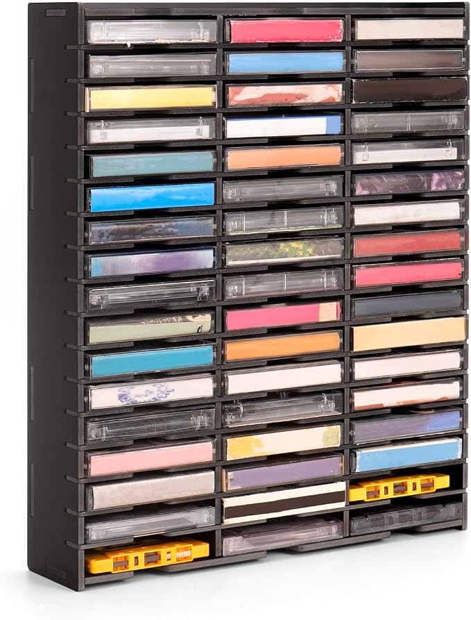 51-Slot Cassette Tape Storage, Desktop Audio Tape Organizer | Wall-Mounted Cassette Holder Rack, Black by SANFURNEY