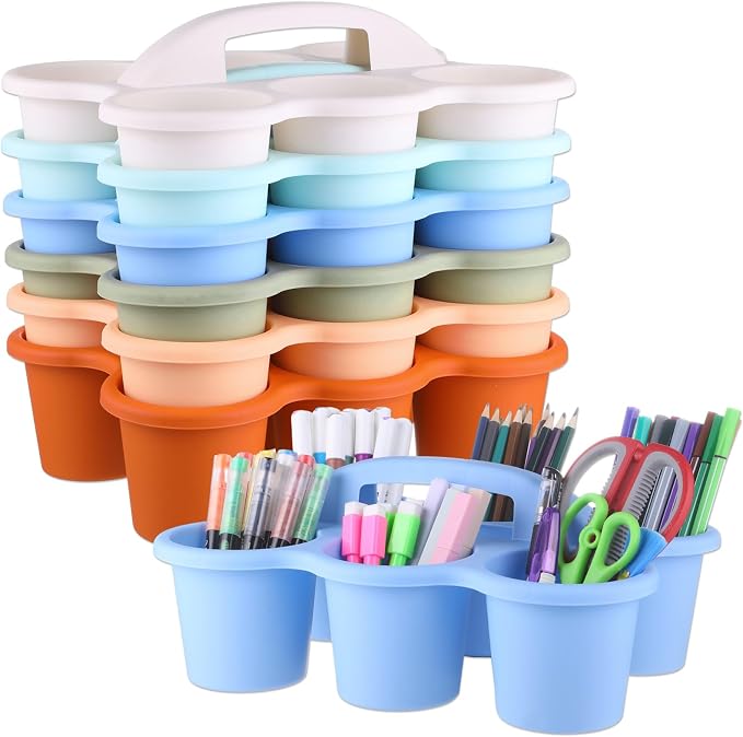 6 Pack Classroom Caddy Organizer with Handle Morandi Plastic Table Caddy Drink Cup Caddies Holder 12×9×3.5 Inches Storage School Supplies 6 Compartments for Table Crayon Pencil Cup Marker Craft by gisgfim