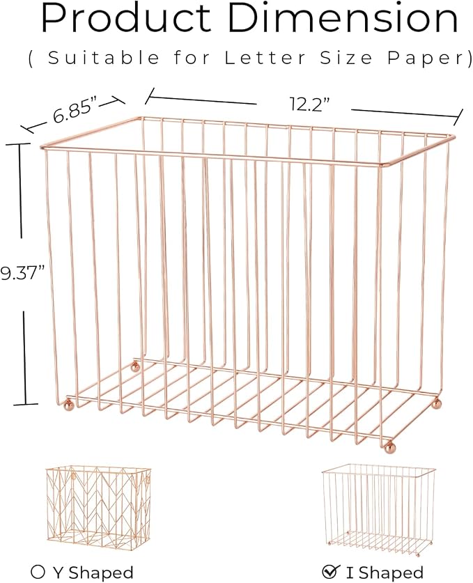 Y YOMA Hanging File Organizer, Letter Size Rose Gold Metal Desk File Crate Storage Basket for Home Office, 1 Pack, I Shaped - Image 5