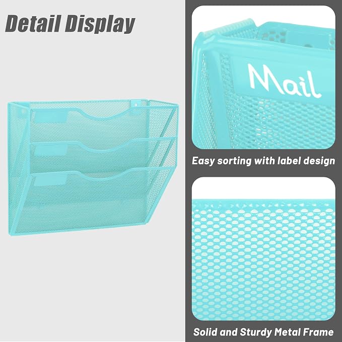 3 Pocket Mesh Hanging Wall File Organizer, Wall Mounted Mail Paper Document Folder Holder, Clipboard Storage Organization Magazine Rack with Nametag Label for Office Home School, Blue - Image 5