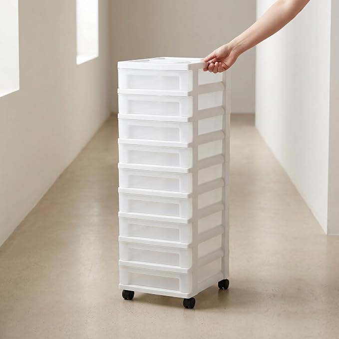 9-Drawer Slim Plastic Storage Cart with Divided Organizer Top, Mobile Rolling Storage Unit on Casters for Office, Bedroom, Craft Room, White (14.4”L x 12.2”W x 37.9”H) - Image 7