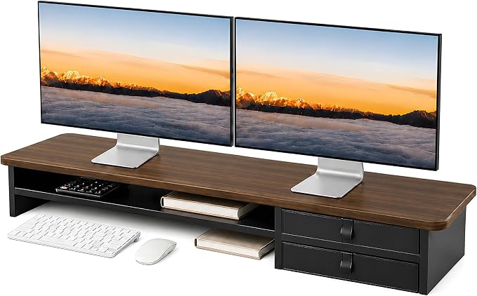 Dual Monitor Stand, 42.5 Inch Wood Monitor Riser with Drawers, 2 Tier Desktop Organizer for Computer Laptop TV, Large Screen Stand for Home Office Desk by ExaDesk