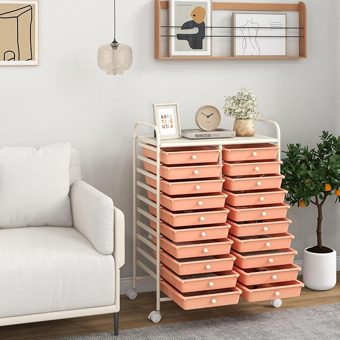 Giantex 20 Drawers Rolling Cart, Mobile Storage Drawer Cart, Classroom Organizer for Office School Supplies Tools Scrapbook Paper Craft Small Printer, Utility Stand on Wheels, Peach - Image 2