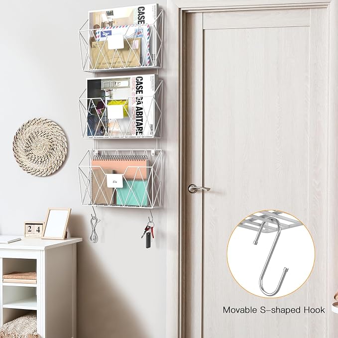 YBING Wall File Organizer White 6 Pack Mesh Hanging File Holder Organizer Metal Wire Mail Organizer Wall Mounted Office Papers Holder Hanging File Folders With Hooks - Image 3