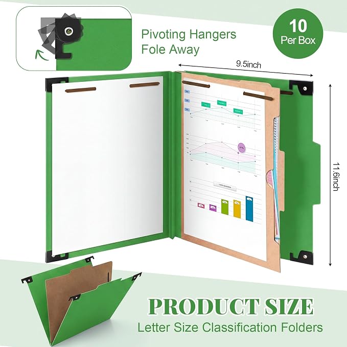 Henoyso 10 Pcs Hanging Classification Folders,1 Pocket Divider,Green | Letter Size, Hanging File Folders with 1 Pockets, 2" Expansion, 4 Prong Fasteners, 1/3 Tab Cut, 4 Sections, Pressboard Manila - Image 2