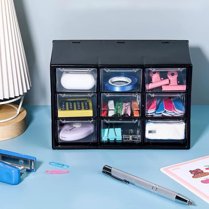 Rtteri 9 Pieces Mini Drawer Organizer Plastic Desktop Storage Box Desk Craft Organizer with 9 Clear Drawers for Office Home Jewelry Small Parts Belongings Cosmetics Collection, Wall Mounted (Black) - Image 2