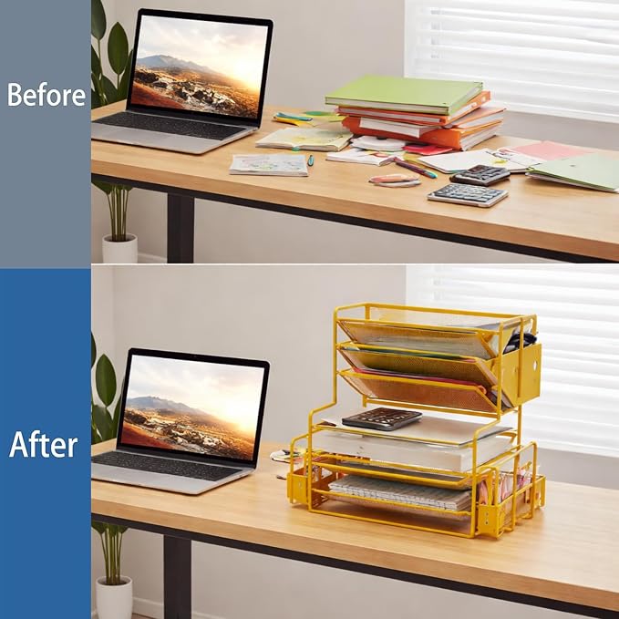 Simple Trending 7 Tier Desk File Organizer, Letter Tray Paper Organizer with Pen Holder and Metal Hanging Basket, Gold - Image 5